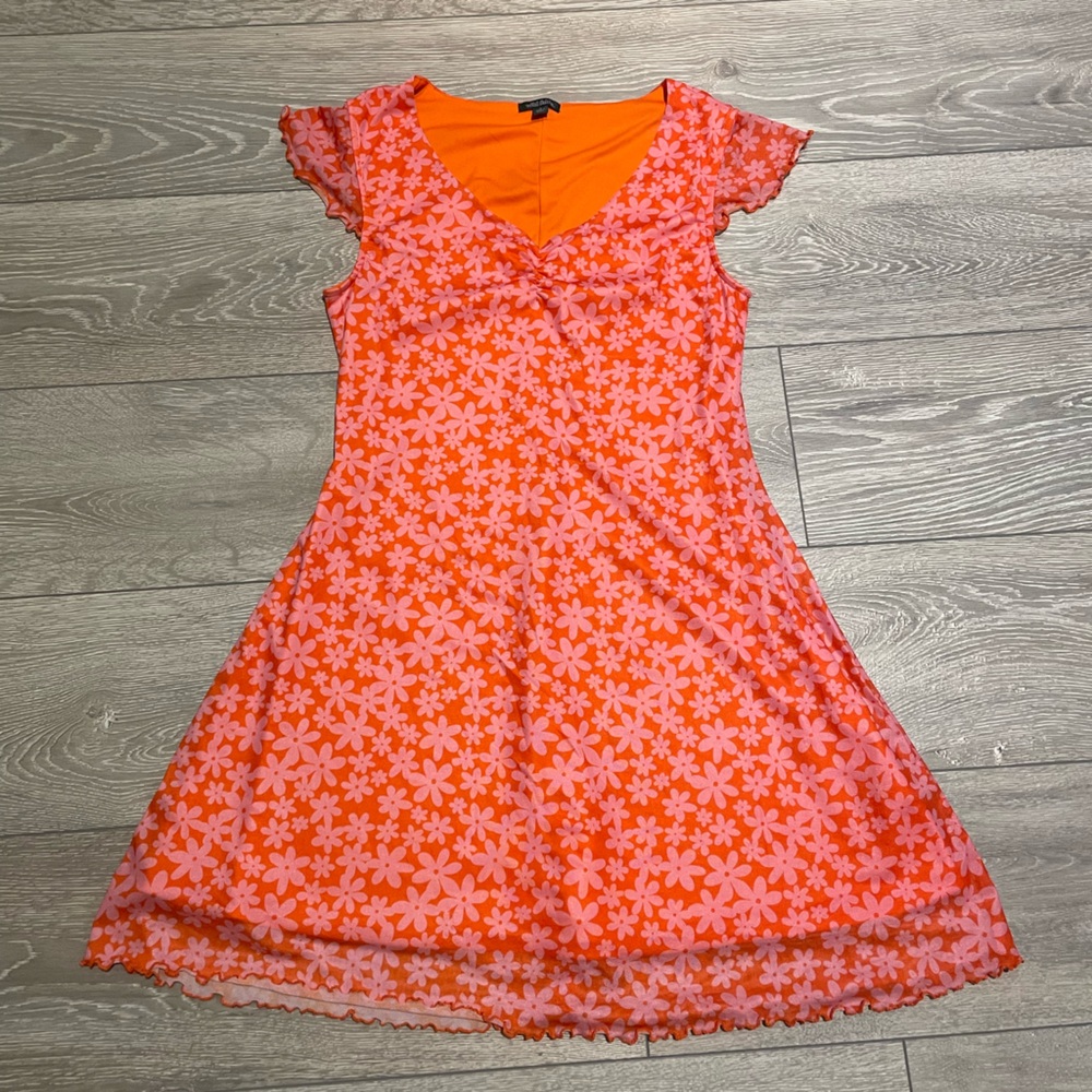 Vibrant orange and pink floral short sleeve dress